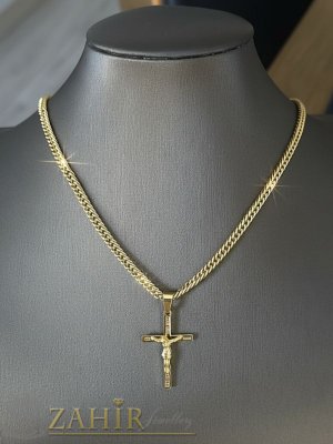 Стилен гравиран кръст с Исус 3 на 2 см на позлатен стоманен ланец 55 см , стегната пенцер плетка, широк 0,4 см - ML1846